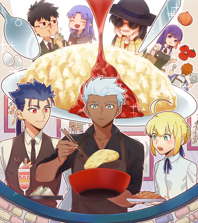 ahoge apron archer_(casual_wear)_(fate) archer_(fate) artoria_pendragon_(fate) bag black_apron black_hat black_necktie black_shirt black_suit black_vest blue_hair breasts brown_apron bun_with_braided_base chopsticks closed_eyes commentary_request cooking cu_chulainn_(fate) cu_chulainn_(fate/stay_night) dark-skinned_male dark_skin eating egg egg_(food) emiya_shirou fate/stay_night fate_(series) food formal_clothes frown glass grey_eyes grin hair_bun hat holding holding_chopsticks holding_food holding_plate holding_spatula holding_tray kiyoshita kuzuki_souichirou matou_sakura medea_(caster)_(fate) medea_(fate) necktie omelet omurice onion open_mouth paper_bag plate purple_eyes purple_hair red_eyes round_eyewear saber_(fate) sandwich shirt single_hair_bun small_breasts smile sparkle spatula spoon suit sunglasses tohsaka_rin tomato tray vest waiter white_hair