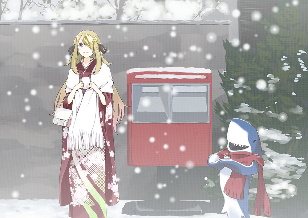 1girl bag blonde_hair chiisame_(epson) cynthia_(pokemon) elbow_carry epson fangs female_focus furisode hair_ornament hair_over_one_eye hairclip handbag happy happy_new_year japanese_clothes kimono mailbox makusu new_year nintendo poke_ball pokemon postbox scarf shark snow snowing solo tree yellow_eyes