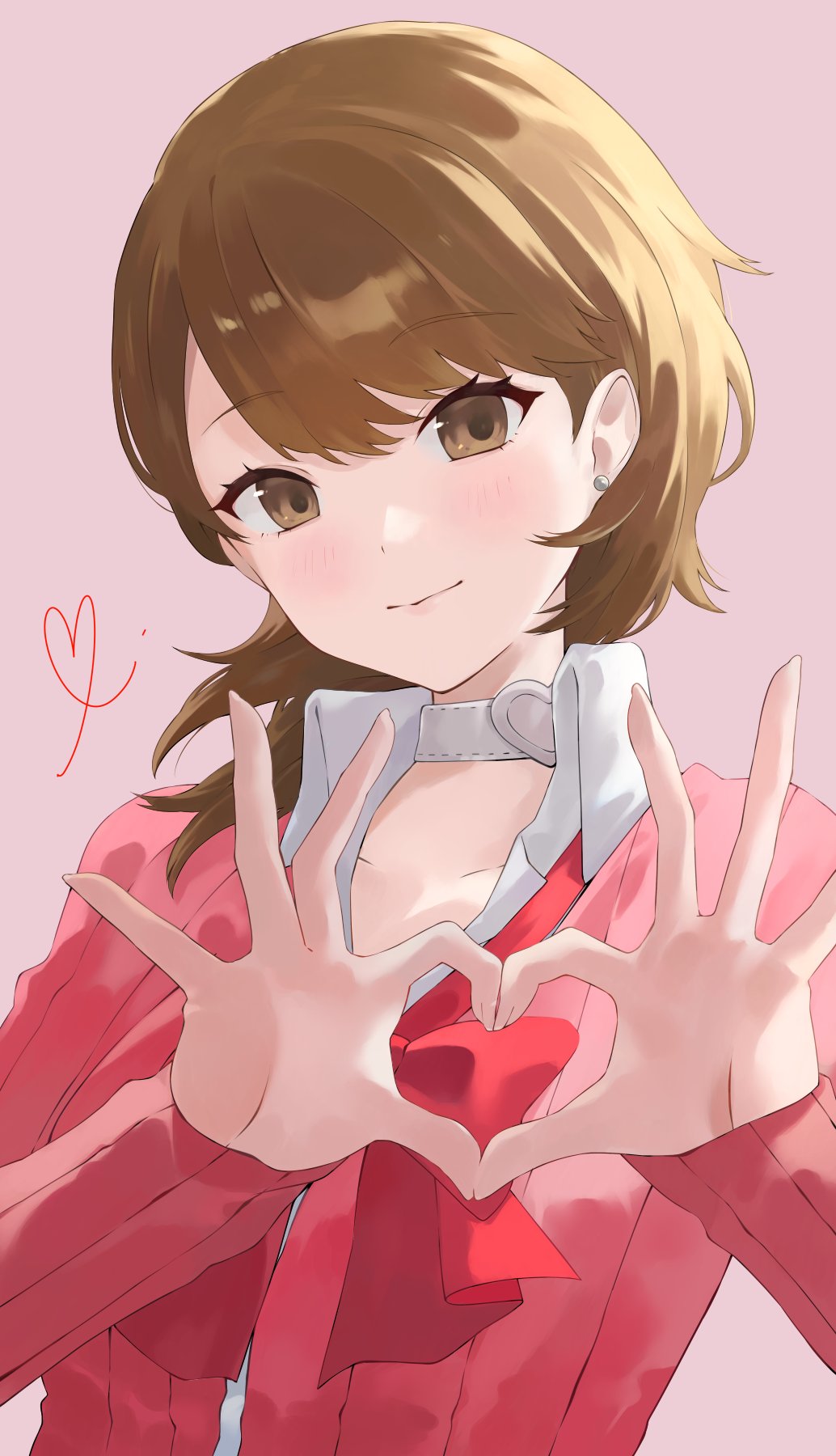 1girl blush bow brown_eyes brown_hair cardigan choker collared_shirt commentary earrings gekkoukan_high_school_uniform heart heart_choker heart_hands highres jewelry konchi_(63438789) long_sleeves looking_at_viewer persona persona_3 pink_cardigan ribbed_cardigan school_uniform shirt short_hair smile solo stud_earrings symbol-only_commentary takeba_yukari white_choker white_shirt