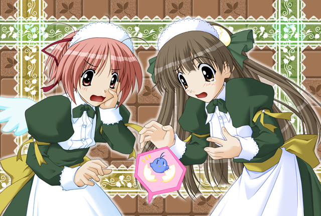 1boy 2000s_(style) 2girls abstract_background ahoge alternate_costume aoi_(bird)_(tentama) apron aqua_bird aqua_wings archived_source back_bow blunt_bangs blunt_ends bow bowtie breasts brown_background brown_eyes collar collared_shirt cowboy_shot cracked_egg detached_wings dress dress_shirt egg egg_hair_ornament enmaided fingernails flat_chest floral_background food-themed_hair_ornament green_bow green_bowtie green_dress green_sleeves hair_ornament hair_ribbon juliet_sleeves karin_(tentama) kindle_imagine_develop light_brown_hair long_hair long_sleeves looking_down maid maid_apron maid_headdress matsuo_yukihiro medium_breasts multiple_girls official_art open_hands pink_eyes pink_hair ponytail puffy_sleeves ribbon second-party_source shirt short_hair sleeve_cuffs straight_hair tentama tentama:_1st_sunny_side underbust watase_futaba white_apron white_collar white_headdress white_shirt white_sleeve_cuffs white_wings wing_collar wings yashiro_shizuka yellow_bow yellow_ribbon