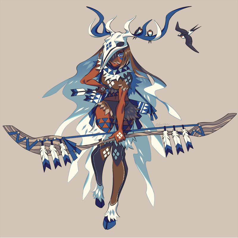 1girl animal animal_feet animal_skull arrow_(projectile) bird blue_eyes bow_(weapon) brown_background brown_hair brown_shirt brown_skirt colored_inner_hair crop_top dark-skinned_female dark_skin deer_girl deer_skull edarow full_body fur_skirt hair_over_one_eye holding holding_bow_(weapon) holding_weapon hooves horizontal_pupils long_hair looking_at_viewer monster_girl multicolored_hair original quiver shirt simple_background skirt skull_on_head solo very_long_hair weapon white_hair