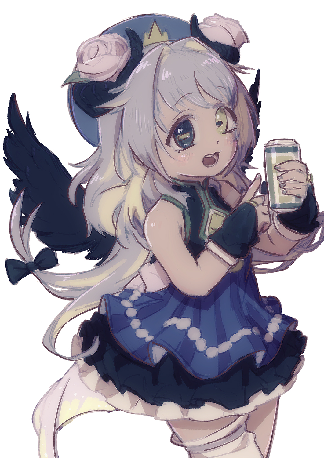 1girl :3 amaryllis_gumi black_dress black_eyes black_wings blonde_hair blue_skirt blush can colored_inner_hair cowboy_shot dark-skinned_female dark_skin demon_girl dress feral_lemma flower grey_hair hair_flower hair_ornament hand_up heterochromia highres holding holding_can horizontal_pupils horns long_hair looking_at_viewer multicolored_hair open_mouth overskirt pink_flower pointing_at_object short_dress simple_background skirt sleeveless sleeveless_dress smile solo standing striped_clothes striped_skirt virtual_youtuber white_background wings yellow_eyes yotsutsuji_mayoi