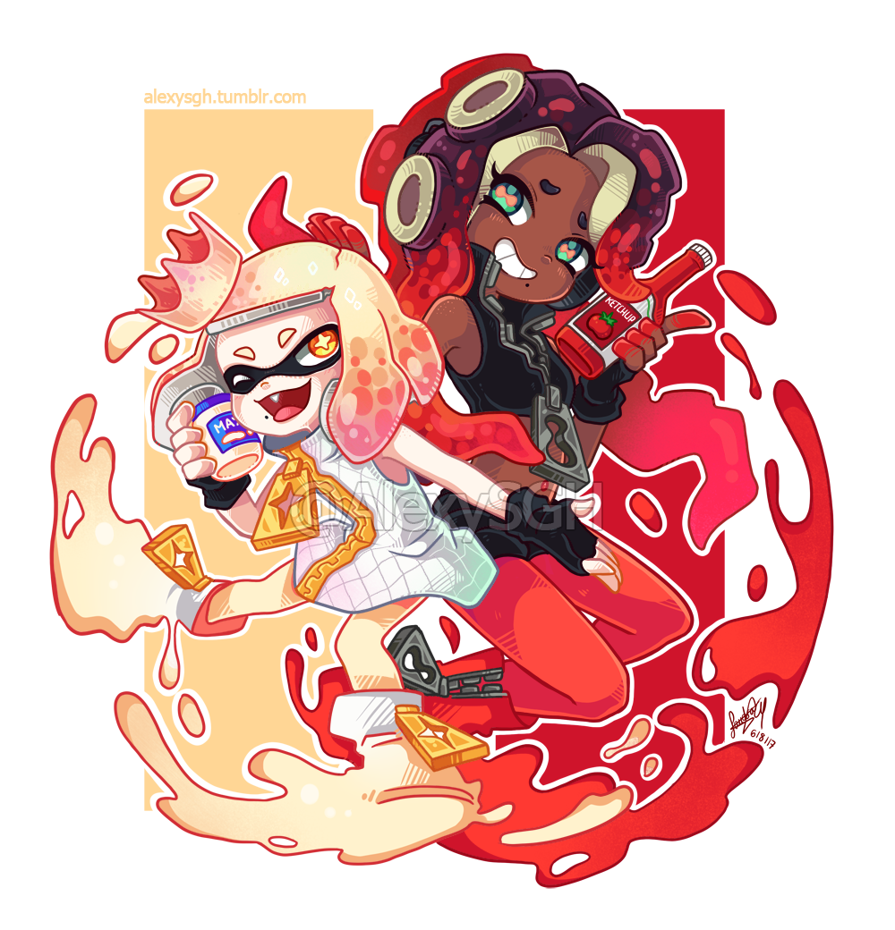 +_+ 2girls cephalopod_eyes commentary crop_top cropped_vest crown dark-skinned_female dark_skin english_commentary fingerless_gloves full_body gloves gradient_hair green_eyes headphones horizontal_pupils inkling ketchup ketchup_bottle long_hair looking_at_viewer marina_(off_the_hook_outfit)_(splatoon) marina_(splatoon) mayonnaise mayonnaise_bottle mole mole_under_mouth multicolored_hair multiple_girls navel_piercing nintendo octoling open_mouth pearl_(off_the_hook_outfit)_(splatoon) pearl_(splatoon) piercing pink_hair pink_pupils sandragh short_hair signature simple_background smile splatoon_(series) splatoon_2 suction_cups symbol-shaped_pupils teeth tentacle_hair very_dark_skin vest watermark white_hair yellow_eyes zipper_pull_tab