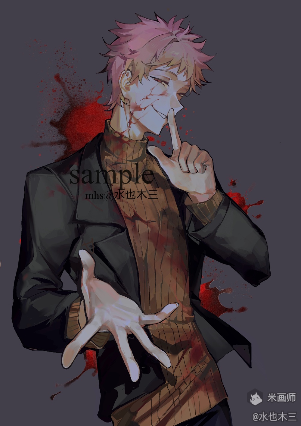 1boy atou_haruki black_jacket blonde_hair blood blood_on_clothes blood_on_face brown_sweater cowboy_shot finger_to_mouth grin highres jacket lapels long_sleeves male_focus multicolored_hair notched_lapels official_alternate_hair_color open_clothes open_jacket pink_hair ribbed_sweater saibou_shinkyoku short_hair shuiyemusan smile solo spoilers sweater turtleneck turtleneck_sweater two-tone_hair