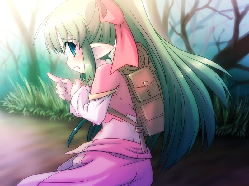 1girl backpack bag bare_tree blush bow brown_bag clenched_teeth cowboy_shot cropped_shirt curtained_hair elf from_side grass green_eyes green_hair hair_bow juusha-chan_to_yaya_zannen_na_yuusha_no_hanashi juusha_(juusha-chan_to_yaya_zannen_na_yuusha_no_hanashi) layered_sleeves long_hair long_sleeves looking_at_viewer open_mouth outdoors pink_shirt pink_skirt pointing pointing_forward pointy_ears profile raised_inner_eyebrows shirt short_over_long_sleeves short_sleeves skirt solo standing teeth third-party_source tree white_shirt yoshi_(crossmind)