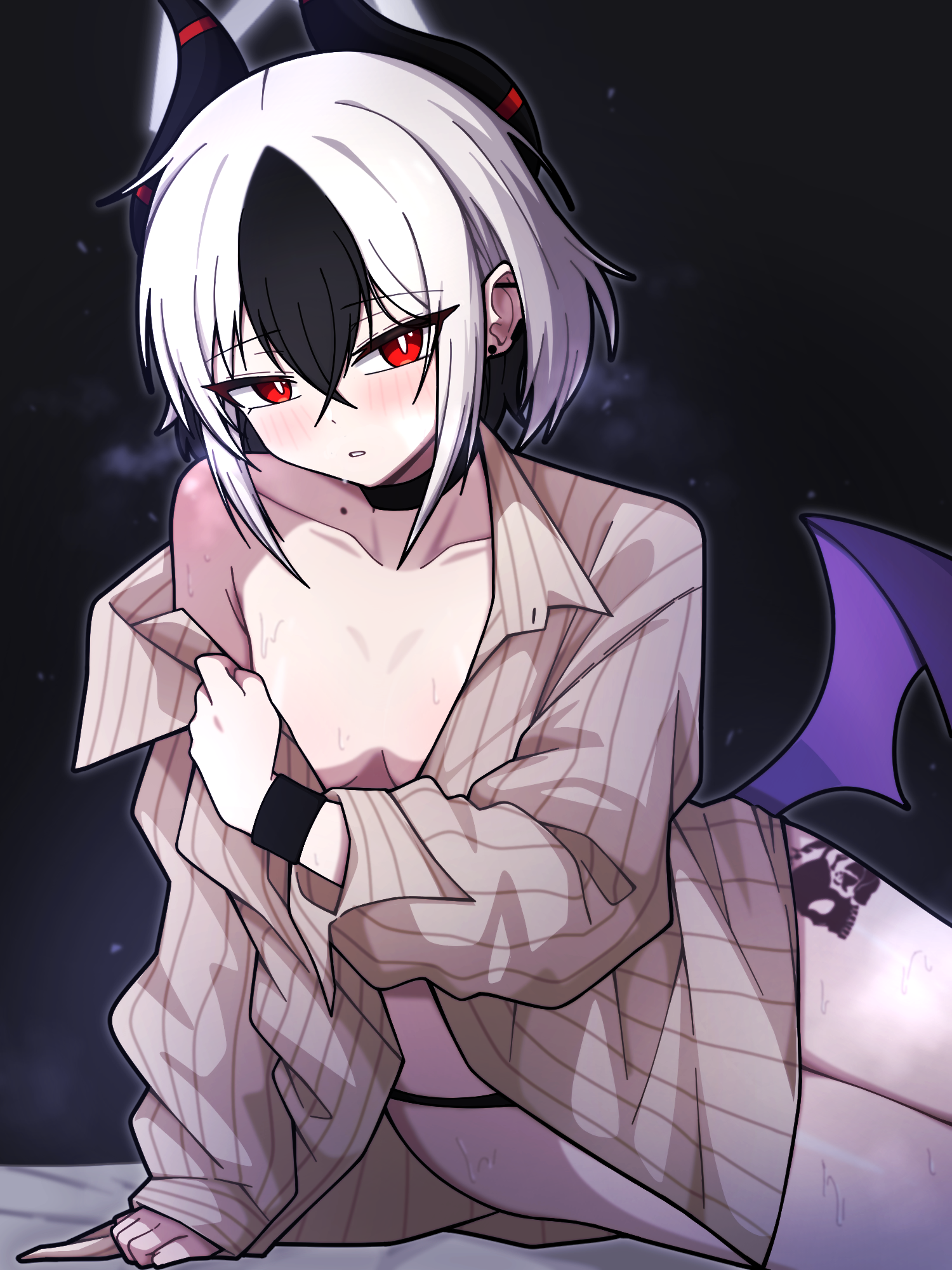 1girl alternate_costume alternate_hairstyle black_choker black_panties blue_archive blush brown_shirt choker collarbone cosplay demon_horns demon_wings hair_between_eyes highres horns kayoko_(blue_archive) looking_at_viewer lying manli medium_hair misaki_(blue_archive) misaki_(blue_archive)_(cosplay) misaki_(swimsuit)_(blue_archive) mole mole_on_collarbone multicolored_hair on_bed on_side panties shirt sidelocks skull_tattoo sweatdrop tattoo underwear wings