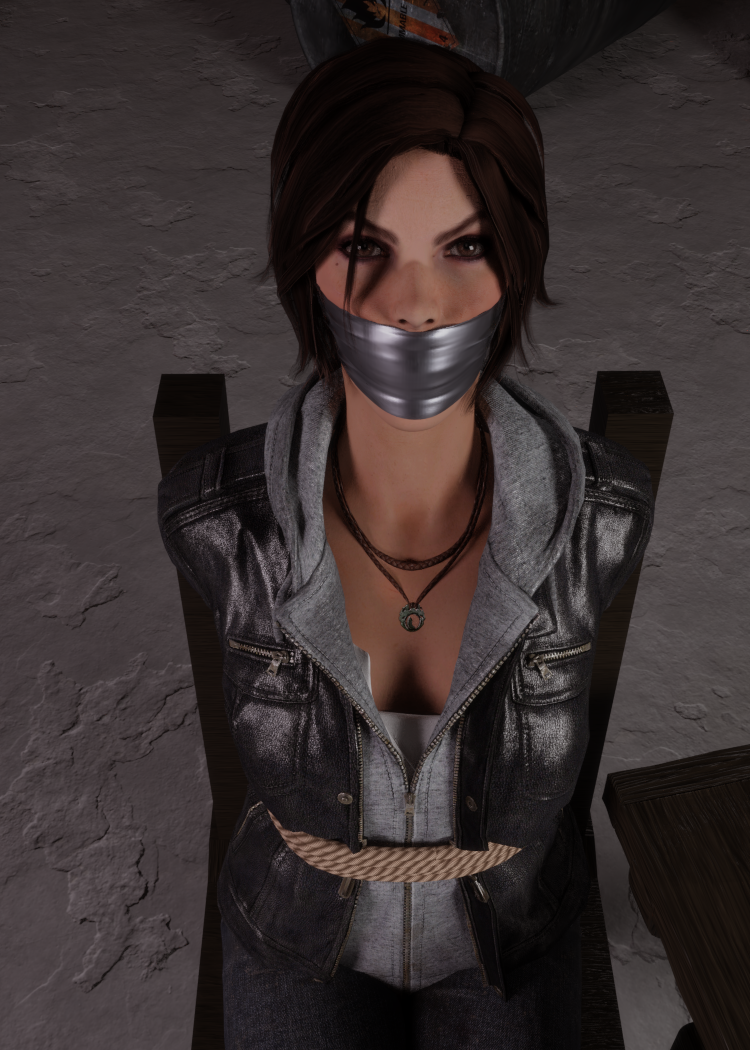 1girl 3d arms_behind_back bdsm bondage bound breasts brown_eyes brown_hair gag gagged improvised_gag iorel-renders jewelry lara_croft looking_at_viewer necklace tape tape_gag tied_to_chair tomb_raider
