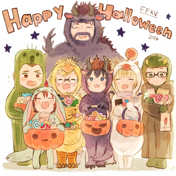 10s 2girls 5boys aged_down beard behemoth brother_and_sister candy carbuncle_(final_fantasy) child chocobo facial_hair fangs father_and_son final_fantasy final_fantasy_xv food gladiolus_amicitia glasses halloween halloween_costume happy happy_halloween ignis_scientia iris_amicitia looking_at_viewer lunafreya_nox_fleuret moogle multiple_boys multiple_girls noctis_lucis_caelum pomiko prompto_argentum regis_lucis_caelum sabotender siblings smile tonberry