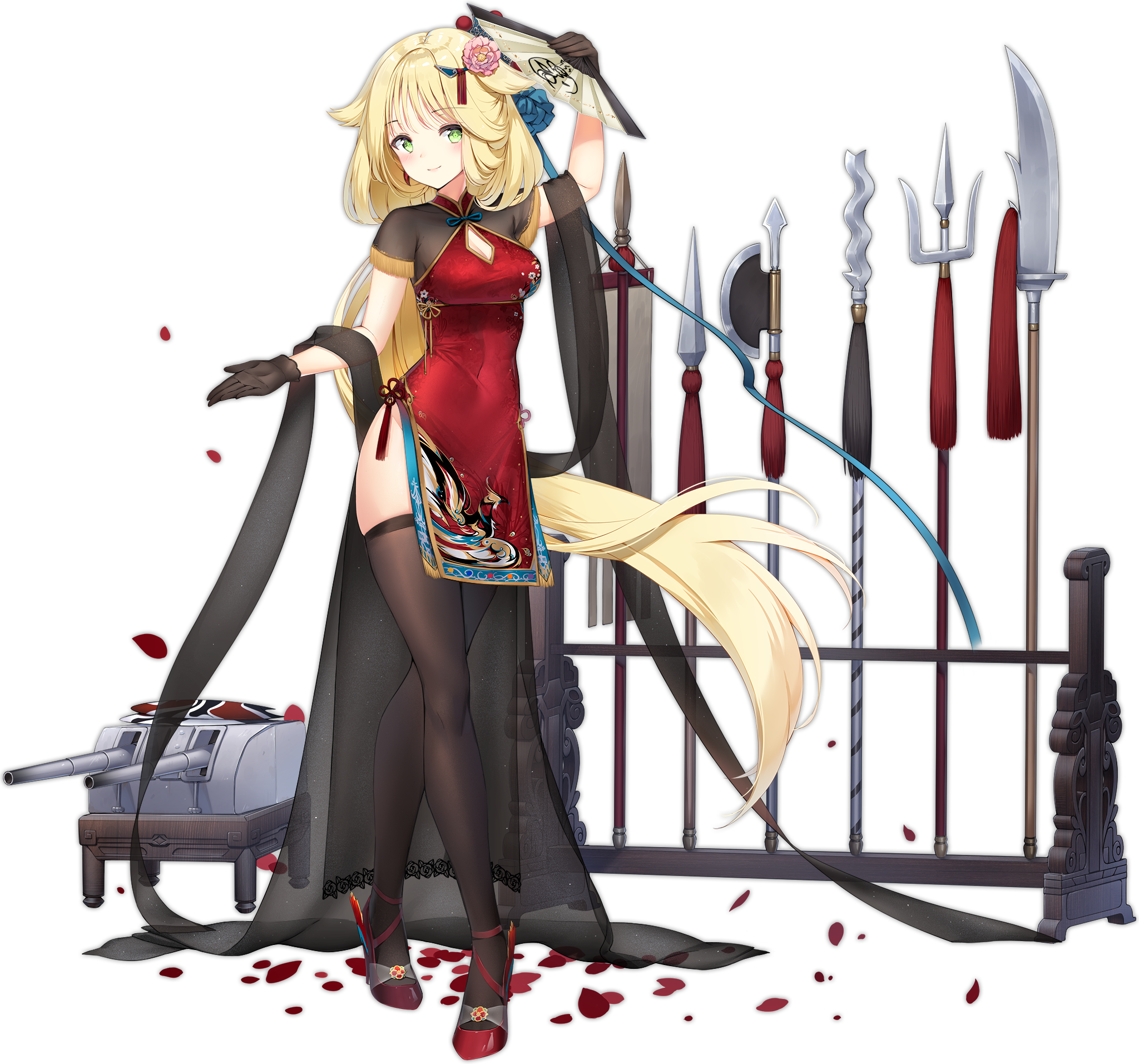 1girl 2020 arm_up aurora_(azur_lane) aurora_(heritage_of_yu_city)_(azur_lane) axe azur_lane black_gloves black_thighhighs blonde_hair blush breasts cannon china_dress chinese_clothes cleavage_cutout clothing_cutout crossed_legs dress flower folding_fan full_body gloves green_eyes guan_dao hair_flaps hair_flower hair_ornament hand_fan high_heels highres legs long_hair maya_g multiple_expressions multiple_weapons official_alternate_costume official_art outstretched_hand petals polearm ponytail red_dress red_pepper_earrings red_shoes ship_turret shoes smile solo spear tassel thighhighs thighs transparent_background trident very_long_hair watson_cross weapon weapon_rack