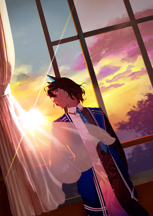 1boy arjuna_(fate) arjuna_alter_(fate) arjuna_alter_(student_council_president)_(fate) black_jacket black_shirt blazer blue_jacket blue_necktie brown_eyes brown_hair buttons closed_mouth colored_lapels cowboy_shot curtains dark-skinned_male dark_skin diffraction_spikes dress_shirt dutch_angle fate/grand_order fate_(series) game_cg glasses hair_between_eyes indoors jacket long_shirt looking_to_the_side male_focus multicolored_jacket necktie official_art open_clothes open_jacket pako_(pakosun) shirt short_hair solo sun sunlight sunset third-party_source two-tone_shirt variant_set white_shirt window