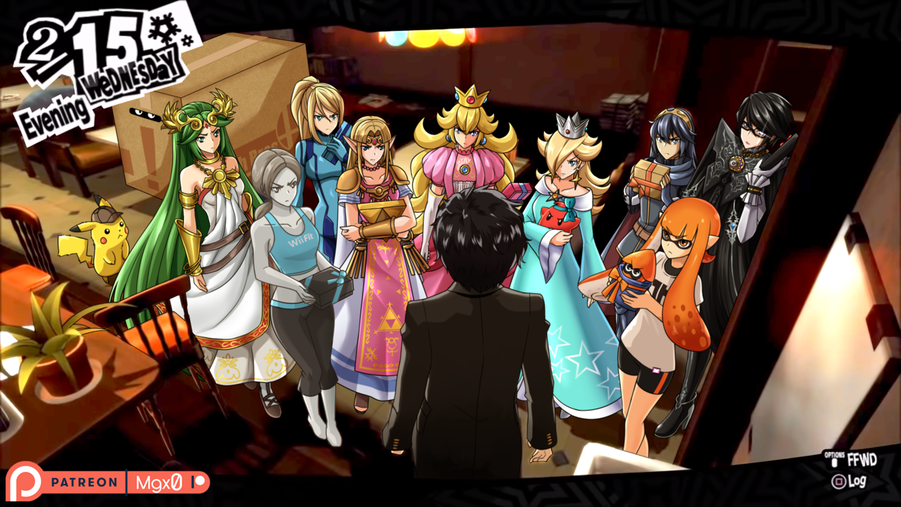 10s 2boys 6+girls amamiya_ren bayonetta bayonetta_(series) bayonetta_2 black_dress black_hair black_jumpsuit black_shorts blonde_hair blue_dress blue_hair blue_jumpsuit blue_shirt box cardboard_box chair commentary crown detective_pikachu_(character) detective_pikachu_(game) detective_pikachu_(series) dress english_commentary fake_screenshot fire_emblem fire_emblem_awakening from_behind gameplay_mechanics gen_1_pokemon gift gift_box green_eyes green_hair grey_hair holding indoors inkling inkling_girl inkling_player_character jumpsuit kid_icarus kid_icarus_uprising long_hair lucina_(fire_emblem) mario_(series) matching_hair/eyes metal_gear_(series) metal_gear_solid metroid mgx0 multiple_boys multiple_girls nintendo orange_eyes orange_hair pale_skin palutena patreon_username persona persona_5 pikachu pink_dress plant pointy_ears pokemon pokemon_(creature) potted_plant princess_peach princess_zelda rosalina samus_aran shirt short_hair shorts sleeveless sleeveless_dress snake_box_sneak solid_snake splatoon_(series) super_mario_galaxy super_smash_bros. table tank_top tentacle_hair the_legend_of_zelda the_legend_of_zelda:_a_link_between_worlds triforce white_dress white_shirt wii_fit wii_fit_trainer wii_fit_trainer_(female)