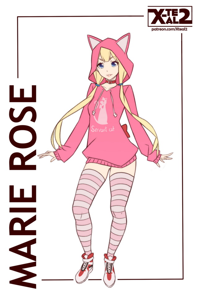 1girl alternate_costume animal_ears animal_hood blonde_hair blue_eyes cat_ears cat_girl cat_hood character_name choker dead_or_alive dead_or_alive_5 female_focus flat_color full_body hood hoodie looking_at_viewer low_twintails marie_rose no_pants parted_lips shoes sneakers solo striped_clothes striped_thighhighs thighhighs twintails watermark web_address white_background x-t3al