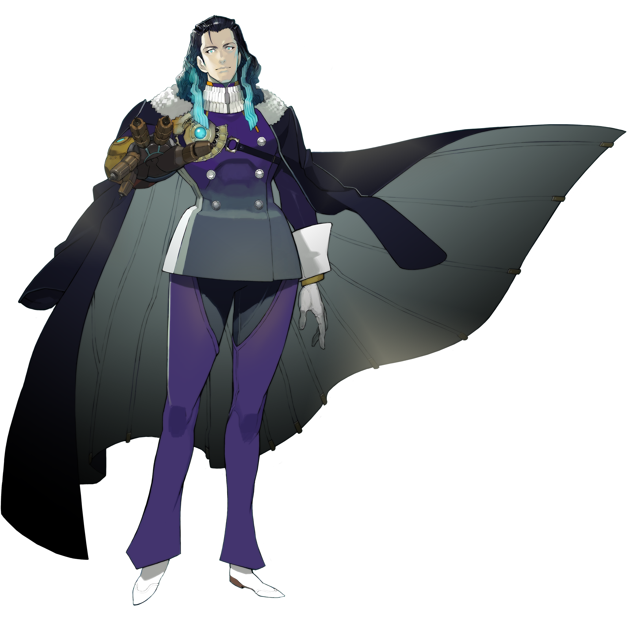 1boy black_hair blue_eyes blue_hair coat coat_on_shoulders fate/grand_order fate_(series) full_body fur-trimmed_coat fur_trim game_cg gloves gradient_hair hair_slicked_back highres jacket long_hair long_sleeves looking_at_viewer male_focus mechanical_arms multicolored_hair namaniku_atk nikola_tesla_(fate) official_art outstretched_hand pants shoes single_mechanical_arm smile solo standing tachi-e third-party_source transparent_background