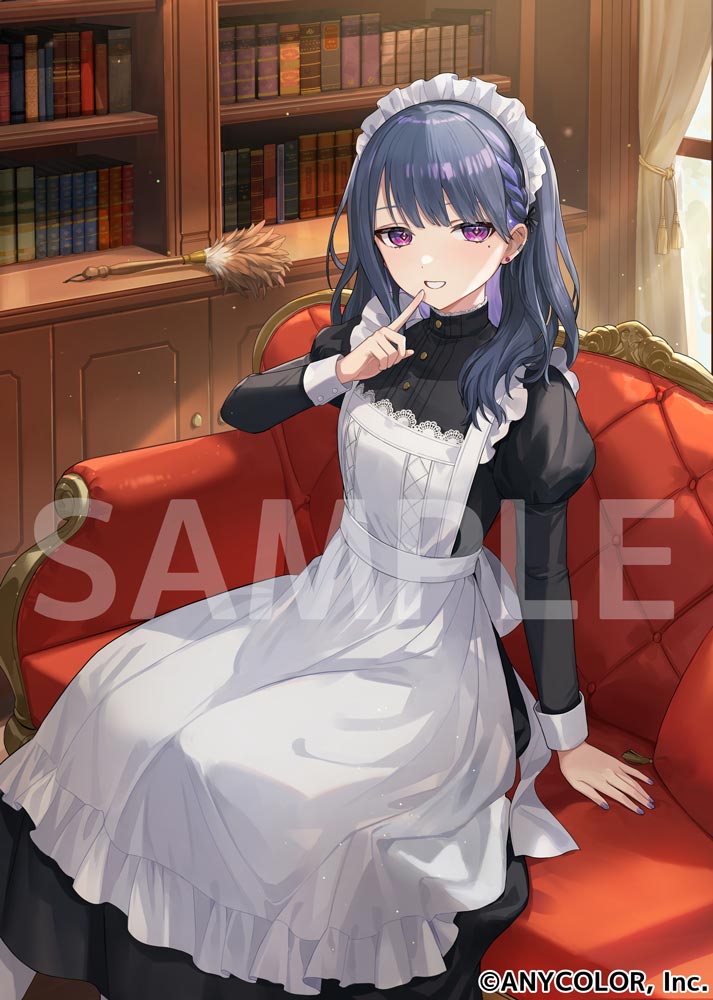 1girl alternate_costume apron black_dress blue_hair bookshelf braid colored_inner_hair copyright_notice couch curtains dress duster earrings enmaided feather_duster feet_out_of_frame finger_to_mouth frilled_apron frills indoors jewelry juliet_sleeves koshimizu_toru light_particles long_dress long_hair long_sleeves looking_at_viewer maid maid_apron maid_headdress mole mole_under_eye multicolored_hair nail_polish nijisanji nima_(niru54) official_art parted_lips puffy_sleeves purple_eyes purple_nails sample_watermark shushing side_braid sitting sleeve_cuffs smile solo stud_earrings sunlight virtual_youtuber watermark white_apron window wispy_bangs