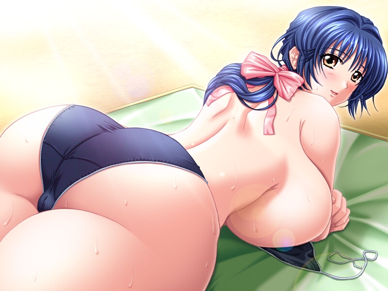 13cm 1girl aiba_nanako anata_to_mita_sakura ass beach bikini blue_hair blush breasts curvy day female_focus game_cg hair_ribbon huge_ass huge_breasts ishihara_souka looking_back lying mature_female ponytail ribbon shimai_tsuma solo swimsuit topfreedom topless_female untied_bikini wide_hips yellow_eyes