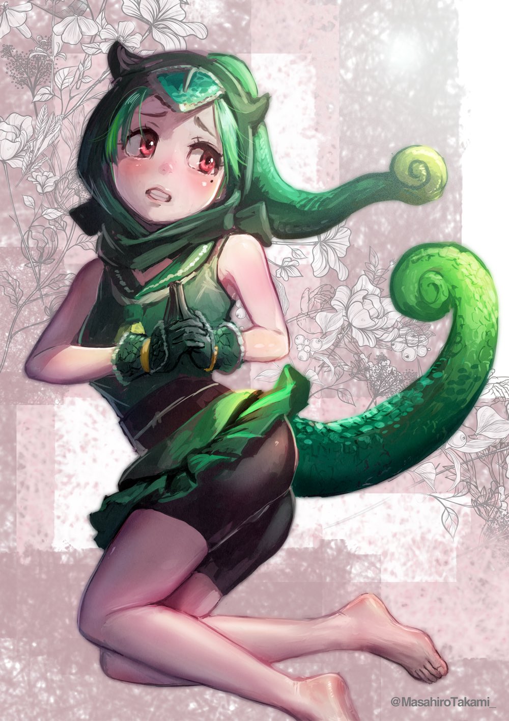 1girl ass bare_arms bare_legs bare_shoulders barefoot bike_shorts bike_shorts_under_skirt chameleon_tail clenched_teeth curly_hair detached_hood floral_background flower forehead_protector furrowed_brow gloves green_hair hair_through_headwear high_ponytail highres hood hood_up kemono_friends lips long_hair looking_to_the_side microskirt mole mole_under_eye nervous own_hands_together panther_chameleon_(kemono_friends) ponytail red_eyes shirt skirt sleeveless sleeveless_shirt solo tail takami_masahiro teeth toes twisted_torso twitter_username