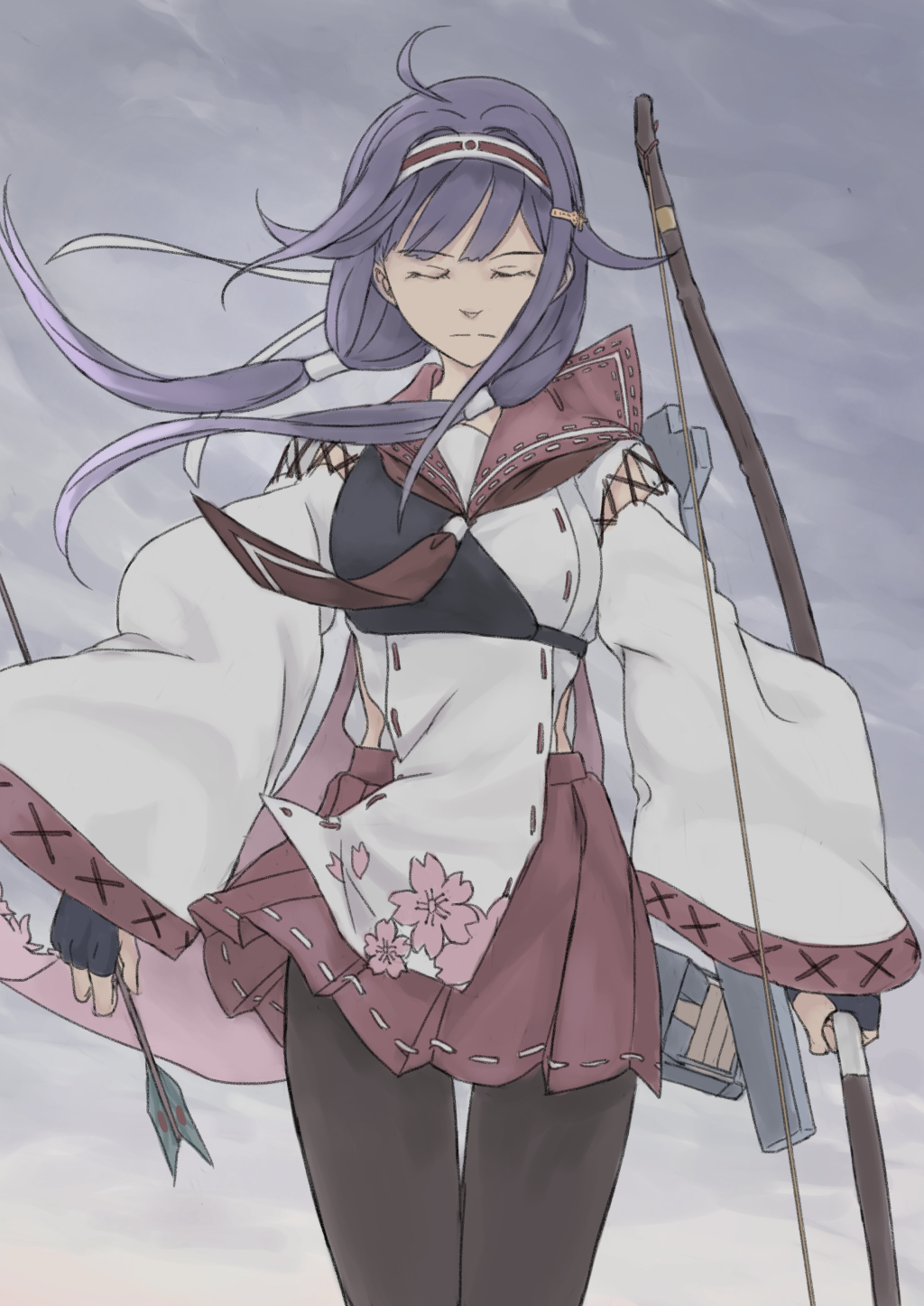 1girl arrow_(projectile) black_gloves black_pantyhose bow_(weapon) cloud cloudy_sky cowboy_shot facing_viewer fingerless_gloves gloves hakama hakama_skirt haori headband highres japanese_clothes kantai_collection long_hair low_twintails muneate neckerchief pantyhose partially_fingerless_gloves partly_fingerless_gloves pleated_skirt purple_hair red_neckerchief red_sailor_collar red_skirt ryuuhou_(kancolle) ryuuhou_kai_ni_(kancolle) sailor_collar skirt sky solo standing taigei_(kancolle) taruya thigh_gap twintails weapon yugake