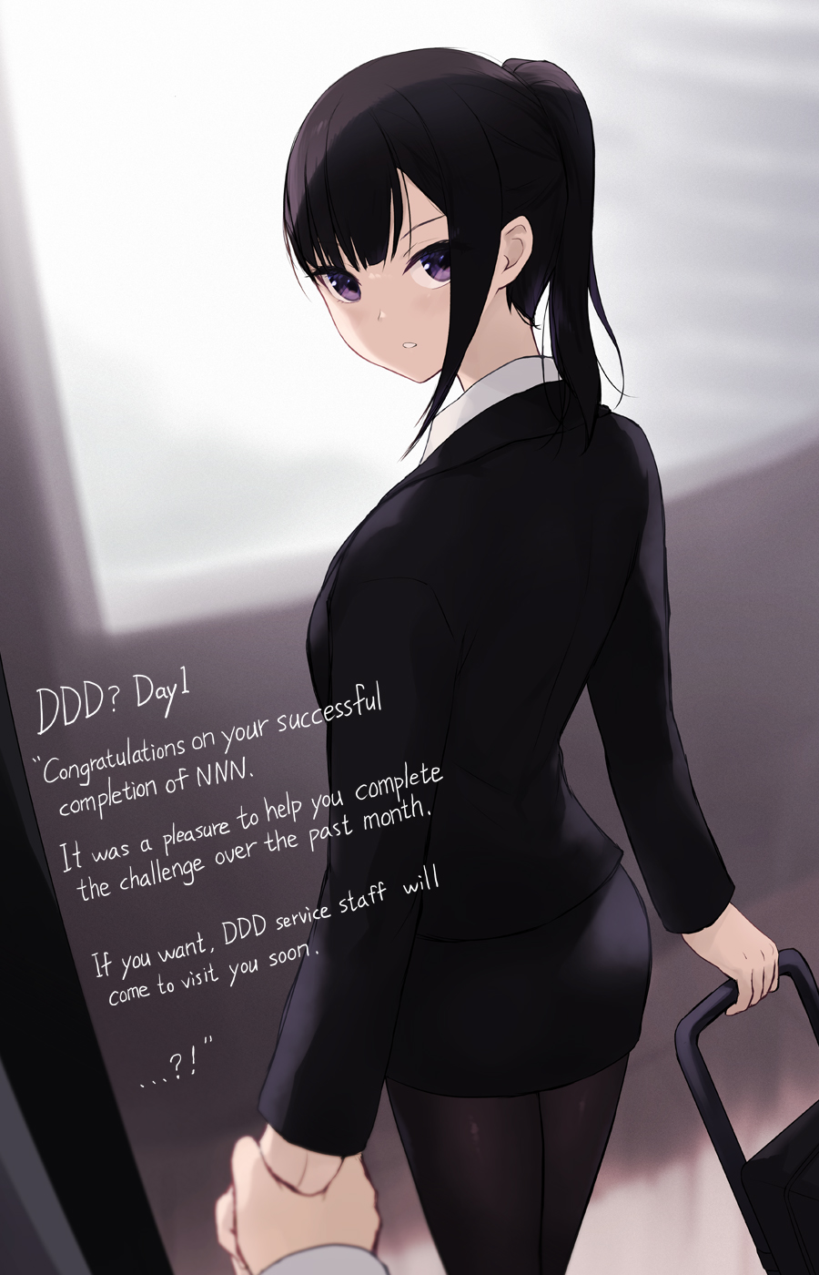 1girl black_hair black_jacket black_pantyhose black_skirt blunt_bangs blurry blurry_background cait_aron commentary destroy_dick_december english_commentary english_text from_behind highres holding_hands jacket legs_together long_sleeves looking_at_viewer looking_back miniskirt no_nut_november original pantyhose parted_lips ponytail pov pov_hands purple_eyes rolling_suitcase skirt solo_focus standing suitcase