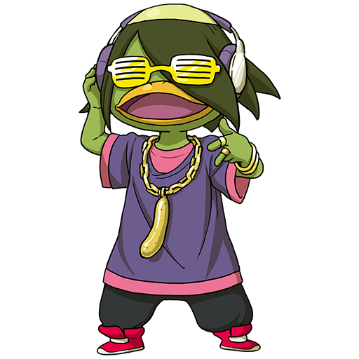 black_pants bracelet chain colored_skin gold_bracelet gold_chain gold_ring green_hair green_skin headphones jewelry lil_kappa looking_at_viewer necklace official_art open_mouth pants purple_shirt red_shoes shirt shoes short_sleeves shutter_shades simple_background solo standing transparent_background youkai_(youkai_watch) youkai_watch youkai_watch_3