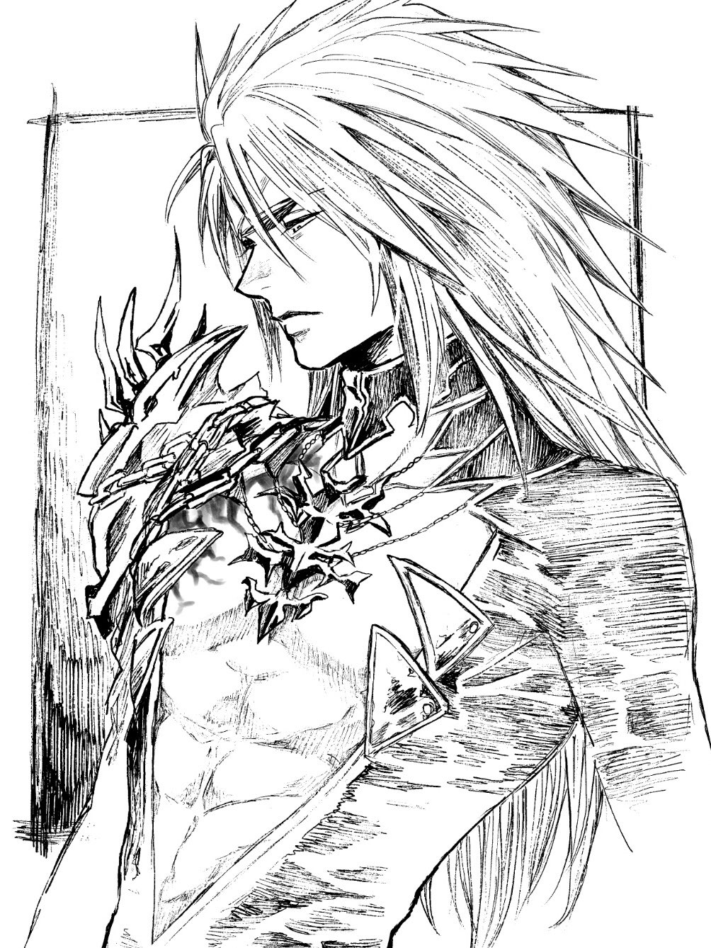 1boy abs center_opening closed_mouth commentary final_fantasy final_fantasy_vii final_fantasy_vii_ever_crisis greyscale headband highres long_hair male_focus monochrome official_alternate_costume profile shoulder_spikes single_shoulder_pad solo spiked_hair spikes symbol-only_commentary three_quarter_view toned toned_male upper_body vincent_valentine vincent_valentine_(coat_of_the_worthy) vv_a13a white_background