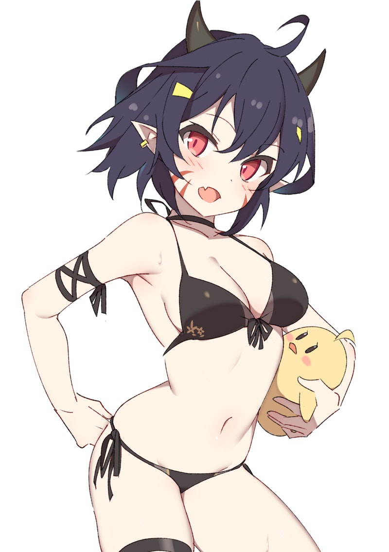 1girl abukuma_(azur_lane) ahoge arm_ribbon azur_lane bikini black_bikini black_hair breasts choker cleavage commission contrapposto cowboy_shot earrings facial_mark front-tie_bikini_top front-tie_top grey_background hair_ornament halterneck hand_on_own_hip horns jewelry leg_ribbon looking_at_viewer manjuu_(azur_lane) medium_breasts navel pointy_ears red_eyes ribbon ribbon_choker short_hair side-tie_bikini_bottom simple_background skeb_commission solo supershiruco sweat swimsuit thigh_ribbon