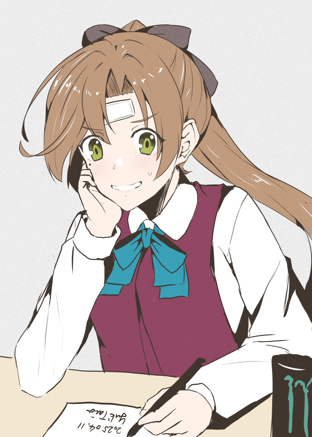 1girl akigumo_(kancolle) brown_hair can cold_pack collared_shirt dated dress_shirt drink_can green_eyes grey_background grin hand_on_own_face highres kantai_collection left-handed long_hair mole mole_under_eye monster_energy one-hour_drawing_challenge paper purple_vest shirt simple_background smile solo taira_yuuki vest white_shirt