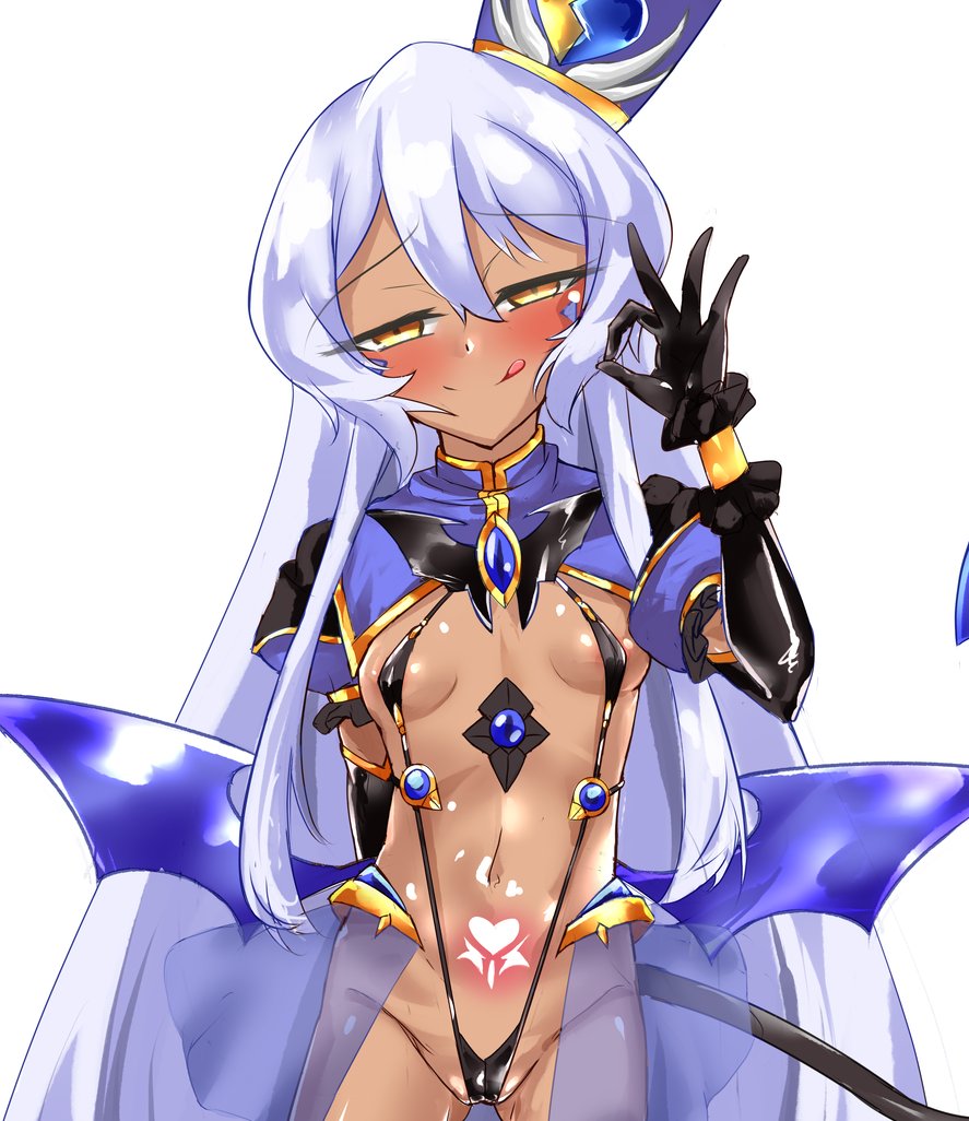 1girl :q black_gloves blush breasts cameltoe corruption covered_erect_nipples dark-skinned_female dark_skin demon_tail fellatio_gesture genderswap genderswap_(mtf) gloves hat logia13laplace long_hair looking_at_viewer low_wings naughty_face navel ok_sign pubic_tattoo sentai_red_ga_isekai_de_boukensha_ni_naru simple_background slave_gear slingshot_swimsuit small_breasts smile solo swimsuit tail tattoo teltina_liz_wagrel_alvarost tongue tongue_out ts_magical_girl_nao very_long_hair white_background wings yellow_eyes