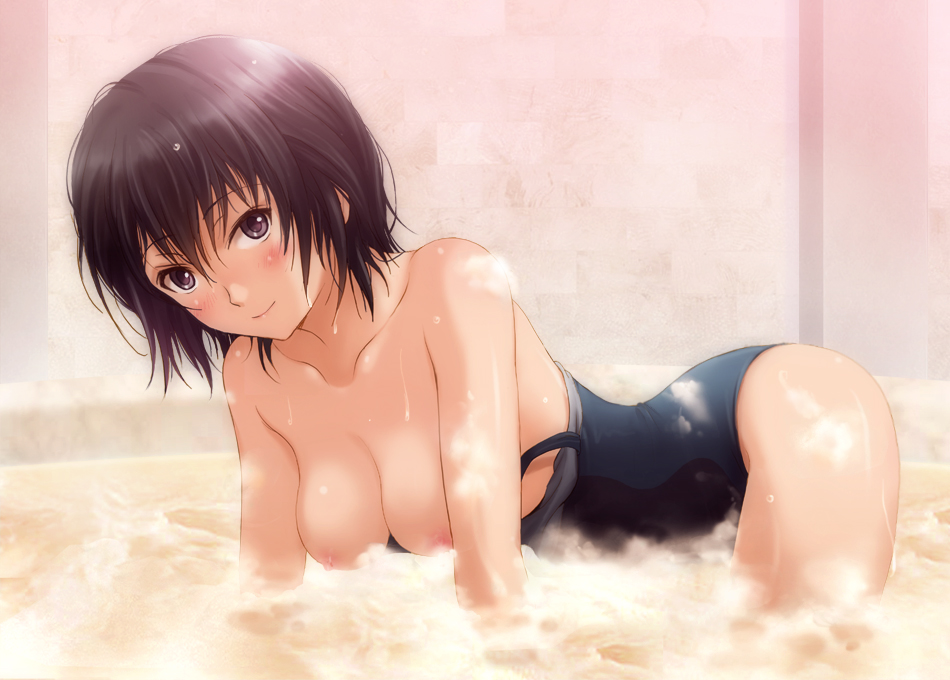 1girl amagami bath black_eyes black_hair blush breasts bubble clothes_pull competition_swimsuit female_focus hanging_breasts looking_at_viewer nanasaki_ai nipples one-piece_swimsuit one-piece_swimsuit_pull partially_submerged partially_undressed shian_(my_lonly_life.) short_hair smile soap_bubbles soapy solo steam swimsuit water wet