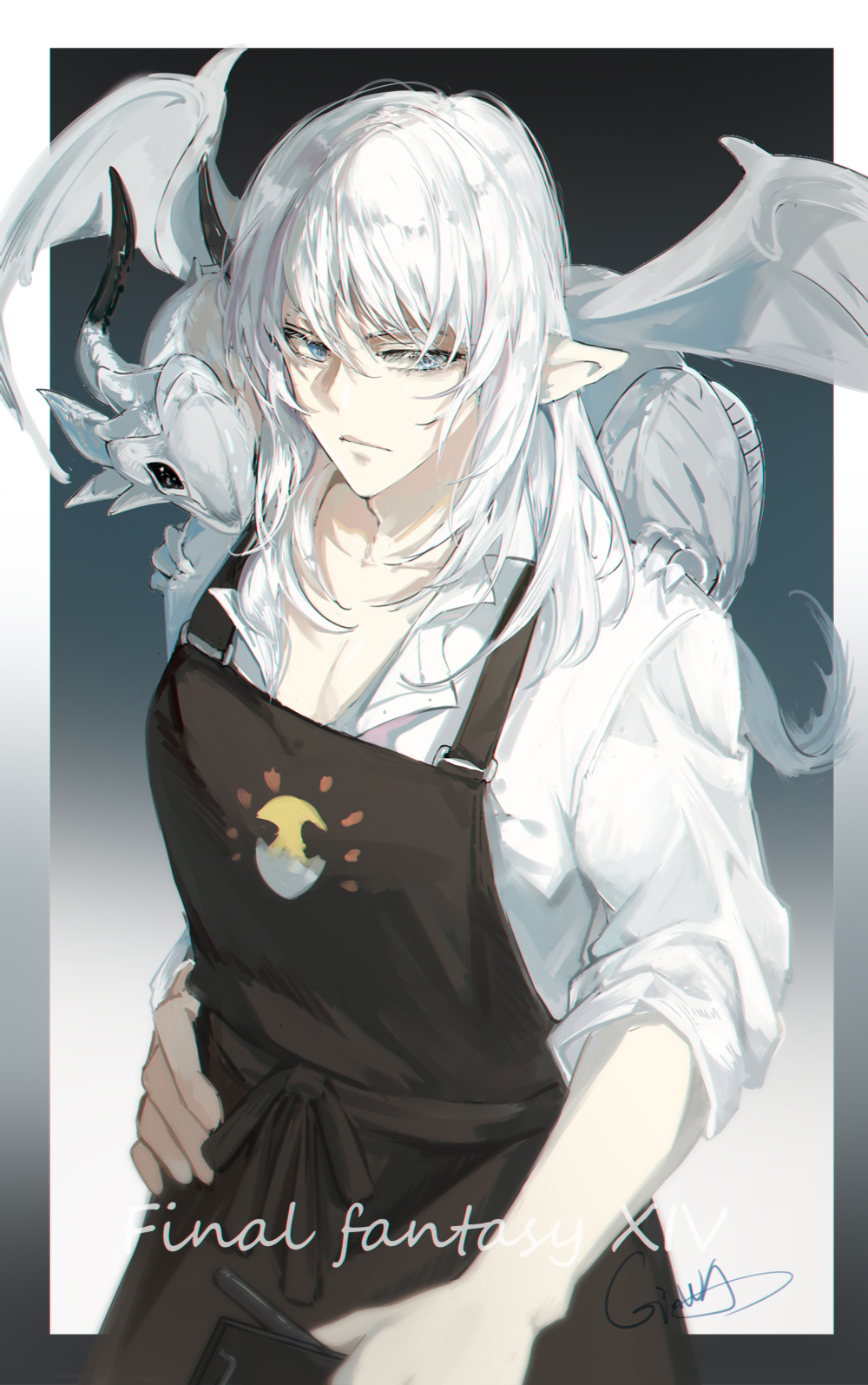 1boy alternate_costume animal_print apron black_apron black_border blue_eyes border chinese_commentary chocobo collarbone collared_shirt commentary copyright_name dragon dragon_on_shoulder elezen elf estinien_varlineau expressionless final_fantasy final_fantasy_xiv gradient_border hair_between_eyes hand_on_own_hip highres holding long_hair looking_at_viewer male_focus partially_unbuttoned pectoral_cleavage pectorals pointy_ears print_apron shengxianxiaoyupian shirt sideways_glance signature sleeves_rolled_up small_dragon solo toned toned_male upper_body white_border white_dragon white_hair white_shirt