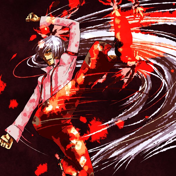 1girl bow discharge_cycle female_focus fujiwara_no_mokou genocide_cutter hair_bow hair_ribbon kicking long_hair parody ribbon rugal_bernstein silver_hair snk solo the_king_of_fighters tobi_(discharge_cycle) touhou