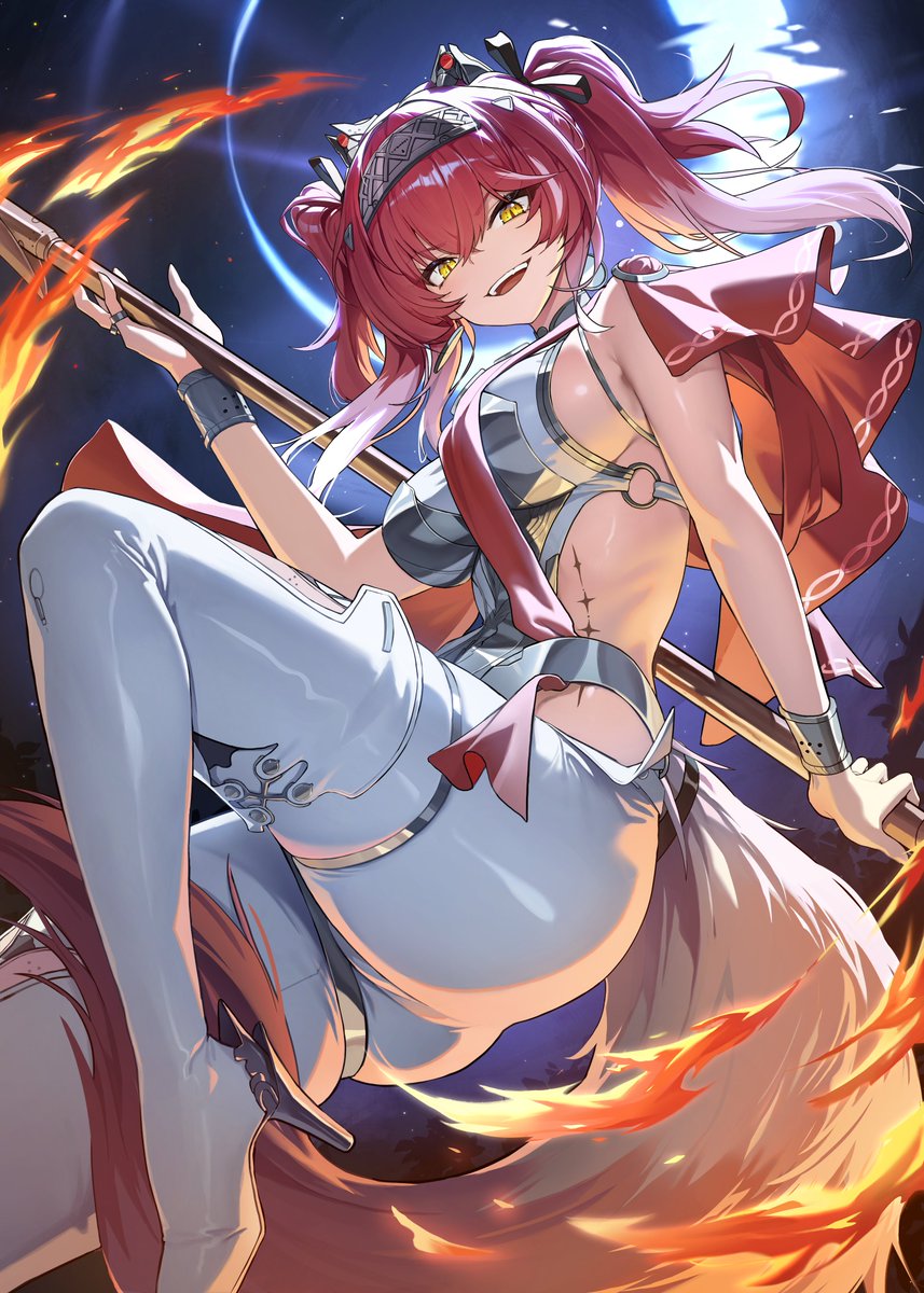 1girl armor ass bare_shoulders black_bow bodysuit boots bow breastplate breasts commentary gradient_hair guegue hair_bow hairband headgear high_heel_boots high_heels highres holding holding_polearm holding_weapon large_breasts long_hair looking_at_viewer lupa_(wuthering_waves) metal_hairband multicolored_hair open_mouth pink_hair polearm red_sash sash sideboob smile solo symbol-only_commentary tacet_mark_(wuthering_waves) tail teeth thigh_boots upper_teeth_only weapon white_bodysuit wolf_tail wrist_guards wuthering_waves yellow_eyes
