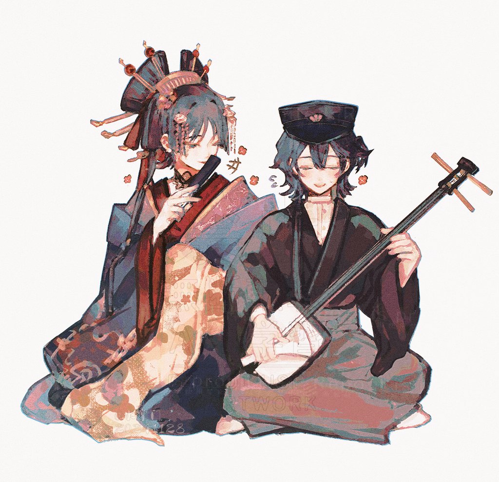 +++ 1boy 1girl black_eyes black_hair black_haori black_hat black_sleeves blunt_ends closed_eyes crossdressing crossed_legs datehyogo double_water_ss dress_shirt eyelashes fine_art_parody flower flute flying_sweatdrops folding_fan gakuseibou genshin_impact grey_hakama hair_flower hair_intakes hair_ornament hairpin hakama half-closed_eyes hand_fan haori hat holding holding_fan indian_style instrument japanese_clothes kimono koto_(instrument) layered_kimono long_sleeves lute_(instrument) mandarin_collar nihonga open_mouth original parody peaked_cap red_lips red_sleeves scaramouche_(genshin_impact) shakuhachi shirt short_sidetail shosei sitting smile teeth upper_teeth_only watermark white_background white_shirt wide_sleeves wispy_bangs