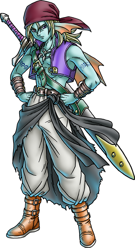 1boy abs aqua_skin arm_guards arm_tattoo back_fin bandana black_sash blonde_hair blue_skin boots brown_boots closed_mouth colored_skin dragon_quest dragon_quest_x fins fish_boy frown full_body hands_on_own_hips head_fins hyuuza_(dq10) jewelry long_hair looking_at_viewer male_focus muscular muscular_male necklace official_art pants purple_eyes purple_vest red_bandana sash scabbard sheath sheathed solo sword sword_on_back tattoo third-party_source tooth_necklace toriyama_akira torn_clothes vest weapon weapon_on_back white_pants