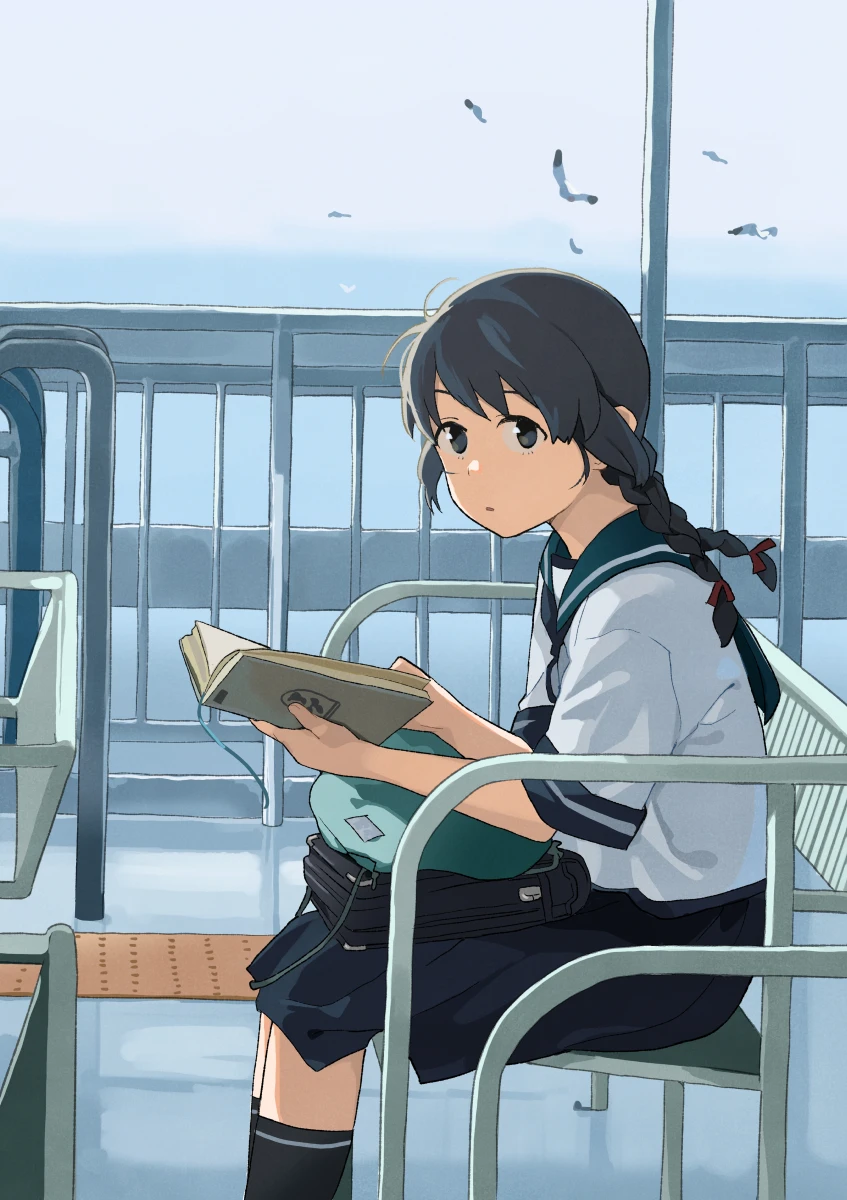 1girl :o bag bag_on_lap bench bird black_hair black_socks blue_sailor_collar boat book braid ferry_(ship) highres holding holding_book isonami_(kancolle) kantai_collection makio_(makiomeigenbot) ocean outdoors parted_lips railing sailor_collar seagull shirt short_sleeves sitting skirt socks solo tactile_paving twin_braids watercraft white_shirt