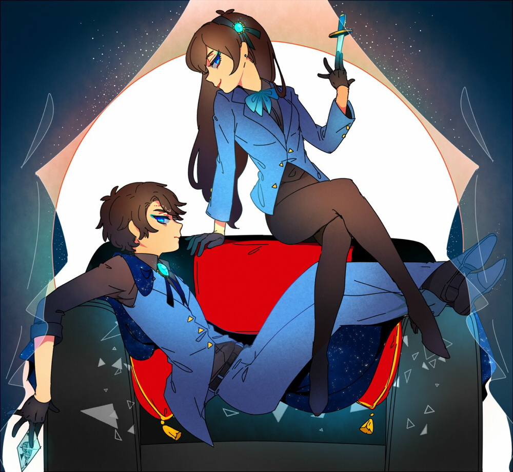 1boy 1girl blue_eyes brother_and_sister brown_hair collared_shirt dipper_gleeful dipper_pines earrings gloves gravity_falls hairband jewelry long_hair long_sleeves mabel_gleeful mabel_pines reverse_falls_(gravity_falls) shi_jun_ti shirt short_hair siblings twins vest