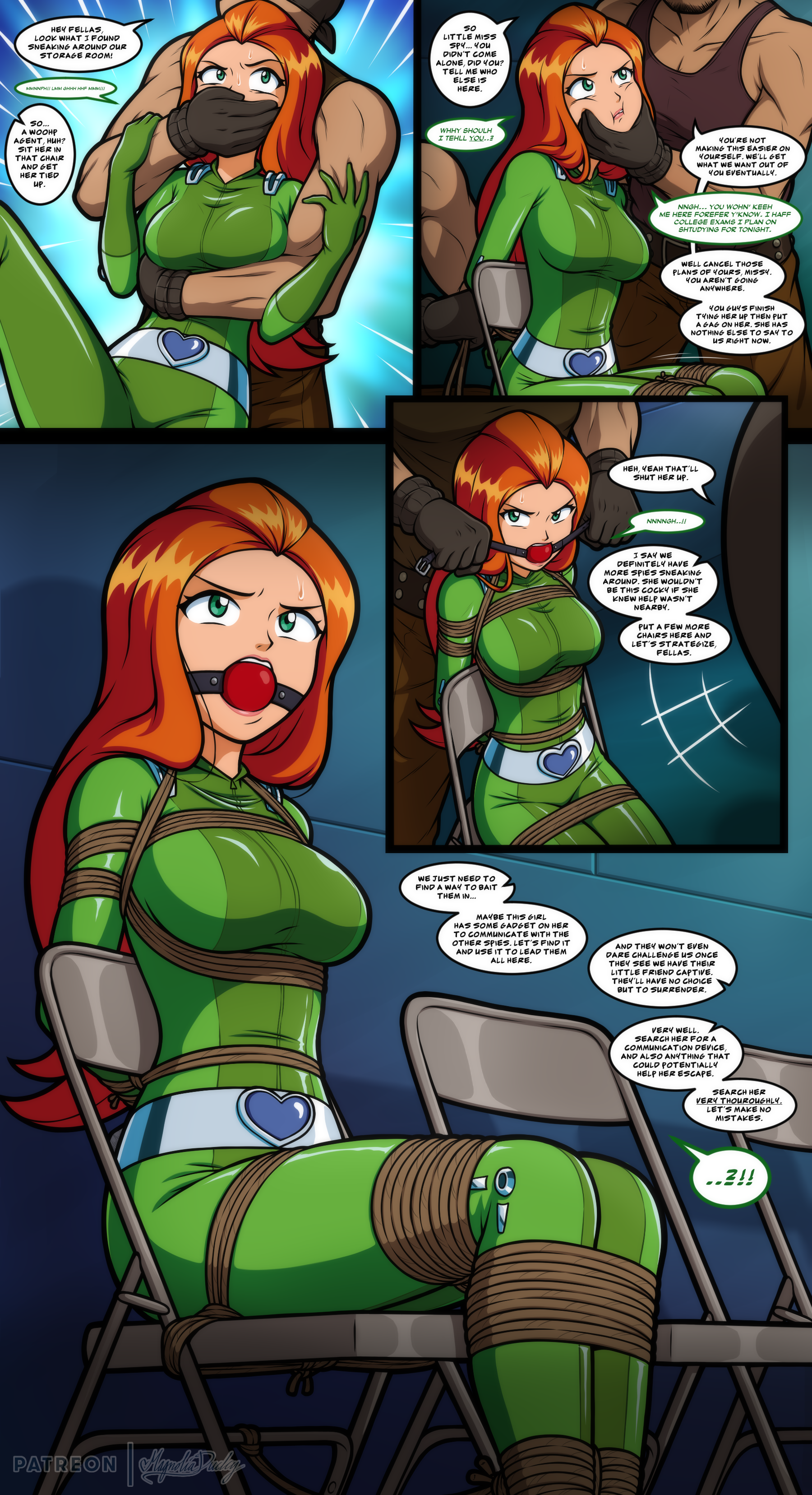 magnolia-baillon, sam (totally spies), totally spies, absurdres, highres,  1girl, abducted, arms behind back, ball gag, bdsm, bondage, bound, bound  ankles, bound arms, bound legs, bound wrists, breast bondage, breasts,  catsuit, chair, covering