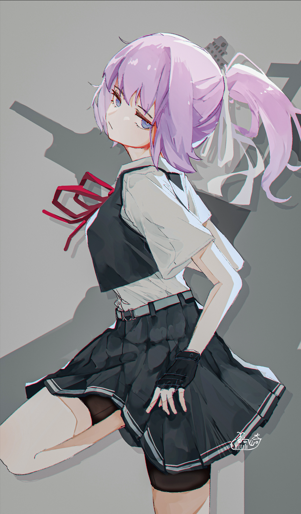 1girl bike_shorts bike_shorts_under_skirt black_shorts black_skirt black_vest blue_eyes closed_mouth commentary_request fingerless_gloves gloves grey_background hair_ribbon half-closed_eyes highres kantai_collection leg_up looking_at_viewer m93r_rei neck_ribbon pink_hair pleated_skirt red_ribbon ribbon shiranui_(kancolle) shiranui_kai_ni_(kancolle) shirt short_sleeves shorts shorts_under_skirt simple_background skirt solo vest white_ribbon white_shirt