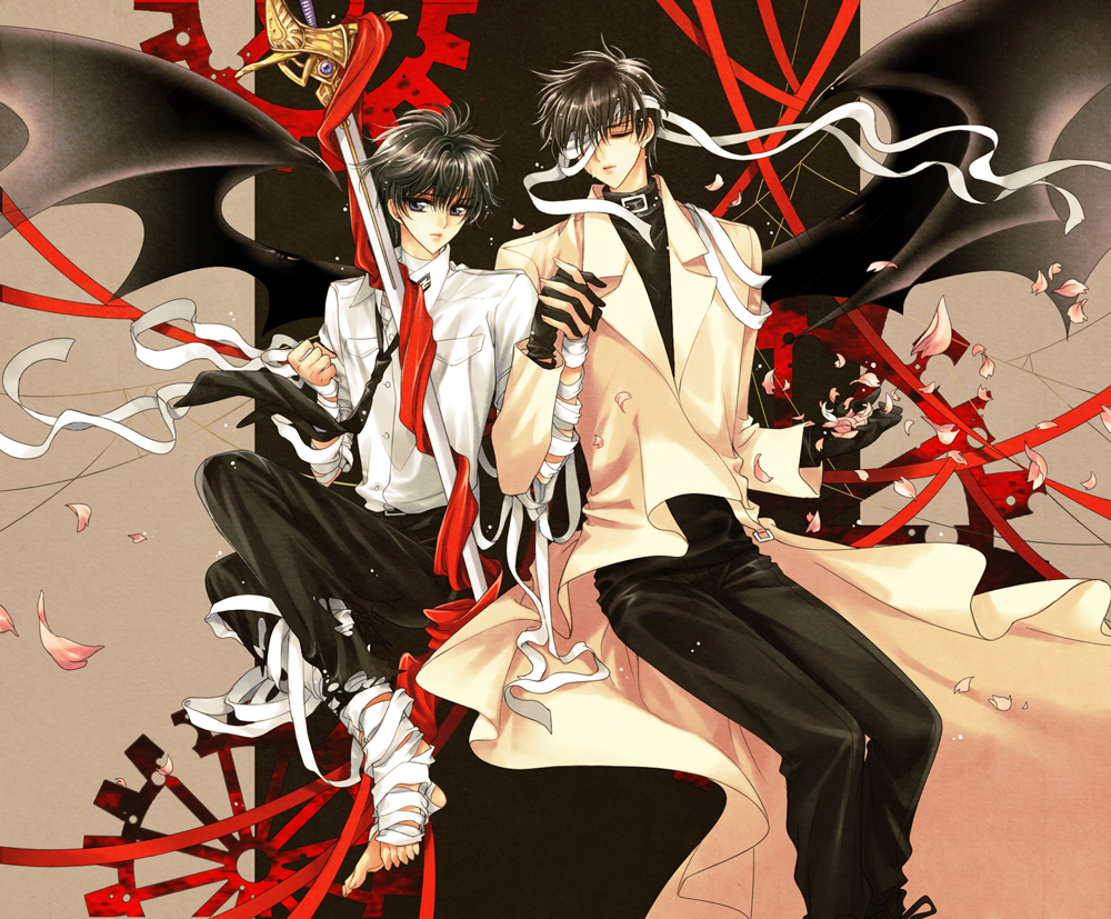 2boys bandages bandage_over_one_eye bandaged_arm bandaged_leg bat_wings black_gloves black_hair blue_eyes coat crying closed_eyes gloves holding_hands interlocked_fingers male_focus multiple_boys necktie official_style pants petals ribbon shirou_kamui shirt sitting sumeragi_subaru sword tears torn_clothes weapon wings x_(manga) xhouz