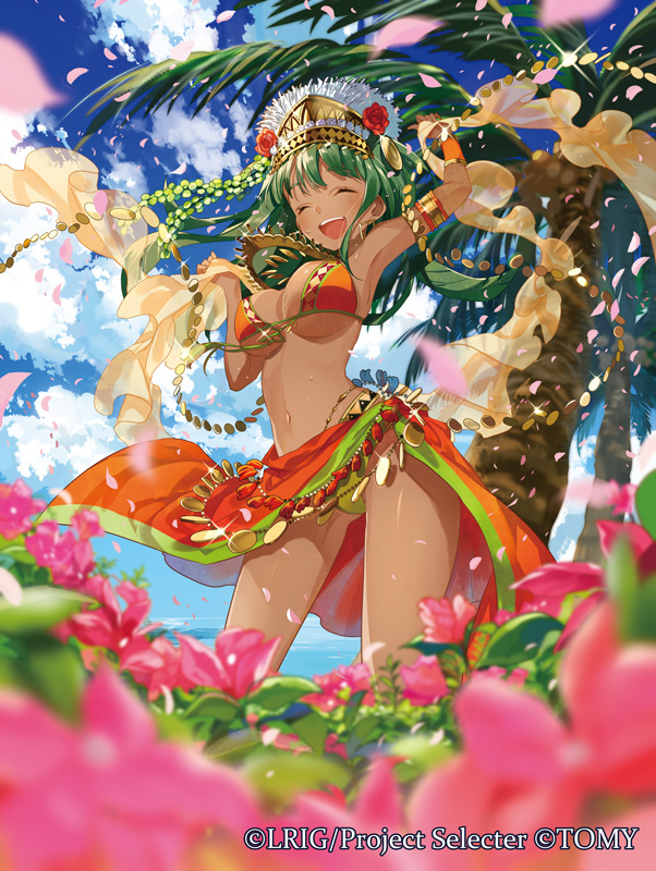 10s 1girl ^_^ ^o^ arm_warmers armlet armpits arms_up bare_shoulders bikini blue_sky blurry blush breasts closed_eyes cloud contrapposto crown dark-skinned_female dark_skin day depth_of_field female_focus field flower flower_field from_below green_hair horizon jewelry medium_breasts navel necklace ocean orange_bikini outdoors palm_tree petals plant sarong see-through_clothes shawl sky smile solo standing stomach sweatdrop swimsuit teeth tree water wixoss yuzuki_kihiro