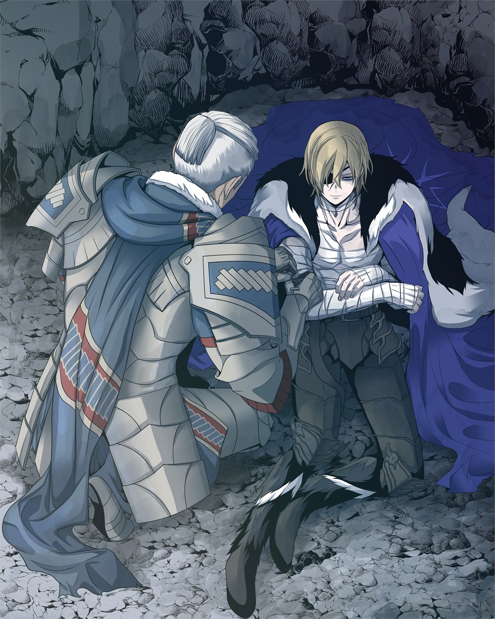 2boys armor armored_legwear bandaged_arm bandaged_chest bandages black_boots black_fur blonde_hair blue_cape blue_eyes blue_scarf boots breastplate cape closed_mouth collarbone dedue_molinaro dedue_molinaro_(timeskip) dimitri_alexandre_blaiddyd dimitri_alexandre_blaiddyd_(timeskip) eyepatch faulds fire_emblem fire_emblem:_three_houses fur-trimmed_boots fur-trimmed_collar fur_trim hand_on_own_arm hands_on_another&#039;s_arm highres injury male_focus megubiru multiple_boys nintendo one_eye_covered patterned_clothing pauldrons ponytail scarf short_ponytail shoulder_armor sitting white_fur white_hair