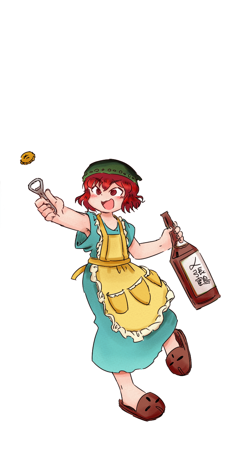 1other alternate_costume androgynous apron armpits bare_arms blue_dress blush_stickers bottle bottle_opener brown_slippers casual chikafumikou commentary_request cork dress frilled_apron frills full_body green_headscarf hair_between_eyes happy headscarf highres holding holding_bottle katano_sukune len&#039;en long_dress looking_at_object open_mouth other_focus pocket red_eyes red_hair ribbon-trimmed_headwear ribbon_trim sake_bottle short_hair short_sleeves simple_background slippers smile solo standing tachi-e white_background wide_sleeves yellow_apron