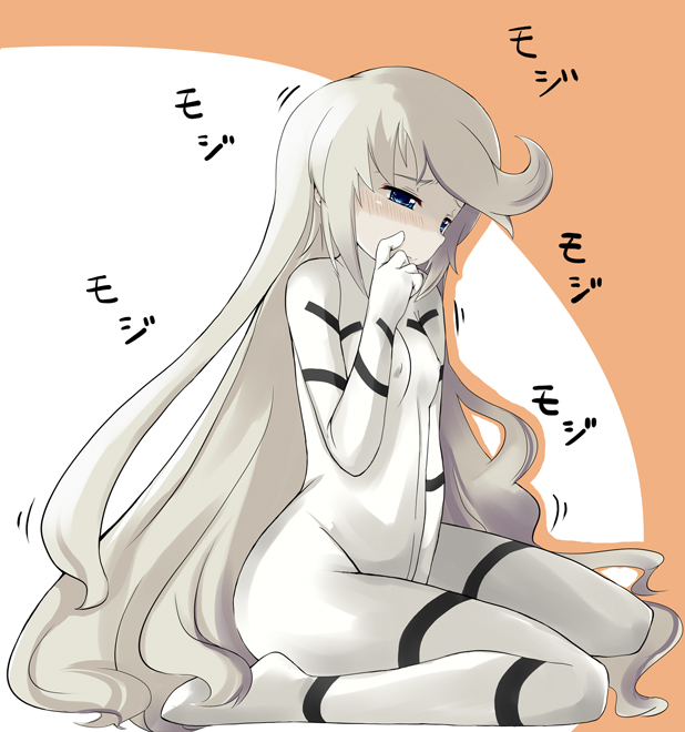 00s 1girl blue_eyes blush bodysuit covered_erect_nipples female_masturbation flat_chest heroic_age long_hair masturbation sitting skin_tight soranon very_long_hair white_hair yuti_ra
