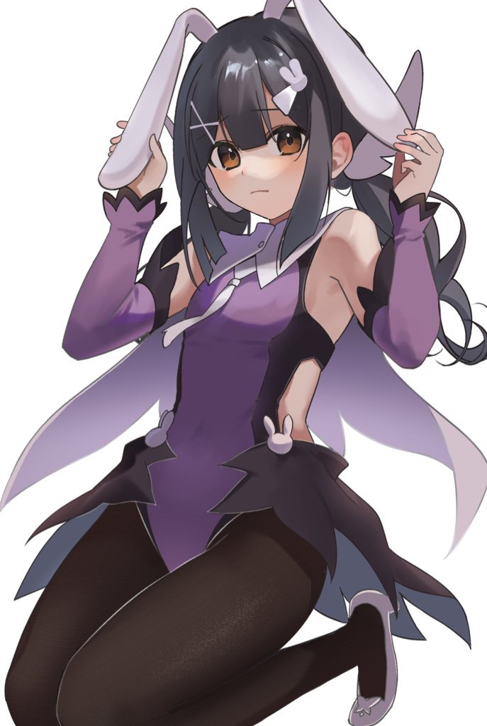 1girl akaneko016 animal_ears bare_shoulders black_hair blush breasts brown_eyes brown_pantyhose cape detached_sleeves fake_animal_ears fate/kaleid_liner_prisma_illya fate_(series) feather_hair_ornament feathers hair_ornament hairclip leotard long_hair looking_at_viewer miyu_edelfelt miyu_edelfelt_(magical_girl) pantyhose playboy_bunny purple_leotard purple_sleeves rabbit_ears sidelocks small_breasts solo thighs twintails white_cape
