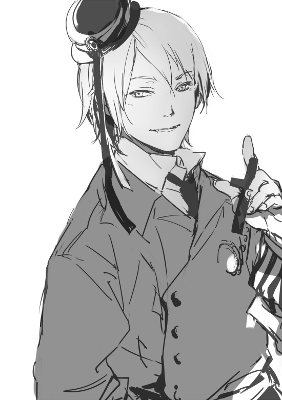 1boy axis_powers_hetalia buttons character_request coat collared_coat collared_shirt commentary_request cowboy_shot cross fang fang_out fingernails greyscale hair_between_eyes hat holding holding_cross light_blush long_sleeves looking_at_viewer male_focus mini_hat monochrome necktie nineo open_mouth shirt short_hair simple_background smile solo trench_coat vertical-striped_sleeves white_background