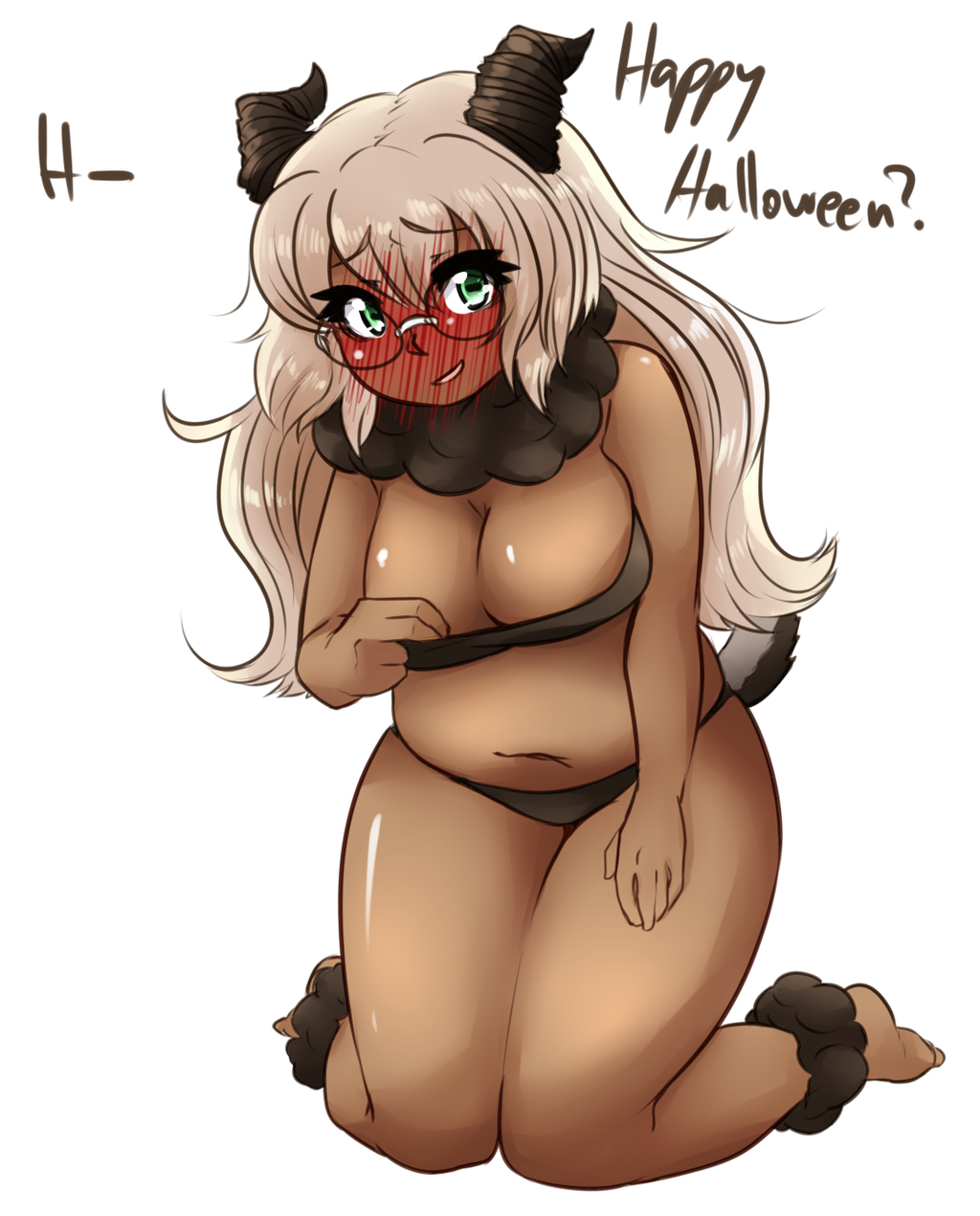 1girl belly blush breasts brown_panties cleavage commentary dark-skinned_female dark_skin embarrassed english_text female_focus full-face_blush full_body glasses goat_girl goat_horns green_eyes halloween halloween_costume happy_halloween highres horns image_sample kneeling large_breasts light_brown_hair liliana_rodica long_hair looking_at_viewer monster_girl navel okamaka original panties plump shiny_skin simple_background socks solo strapless text_focus thick_thighs thighs tube_top underwear white_background wide_hips wool