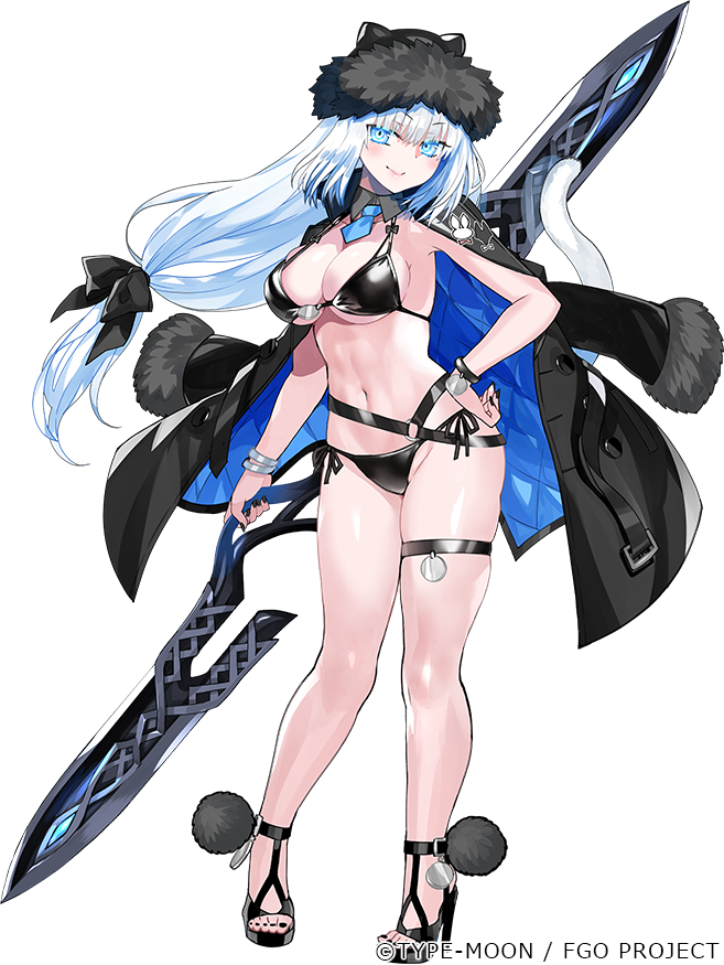 1girl animal_ears bikini black_bikini black_hat black_jacket black_ribbon blue_eyes blush bracelet breasts cat_ears cat_girl cat_tail cleavage detached_collar dobrynya_nikitich_(fate) dobrynya_nikitich_(swimsuit_lancer)_(fate) dobrynya_nikitich_(swimsuit_lancer)_(first_ascension)_(fate) fate/grand_order fate_(series) fur-trimmed_headwear fur_trim hair_ribbon hat high_heels jacket jacket_on_shoulders jewelry large_breasts long_hair looking_at_viewer navel necktie official_art ribbon robina smile solo swimsuit tail weapon white_hair