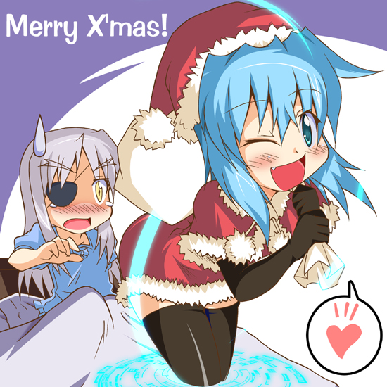 00s 2girls bed blue_hair blush capelet cinque_(nanoha) elbow_gloves eyebrows eyepatch fang gloves green_eyes hat long_hair lyrical_nanoha mahou_shoujo_lyrical_nanoha mahou_shoujo_lyrical_nanoha_strikers multiple_girls numbers_(nanoha) pajamas purple_hair sack santa_costume santa_hat sein_(nanoha) smile tears thighhighs tsukishima_makoto yellow_eyes zettai_ryouiki