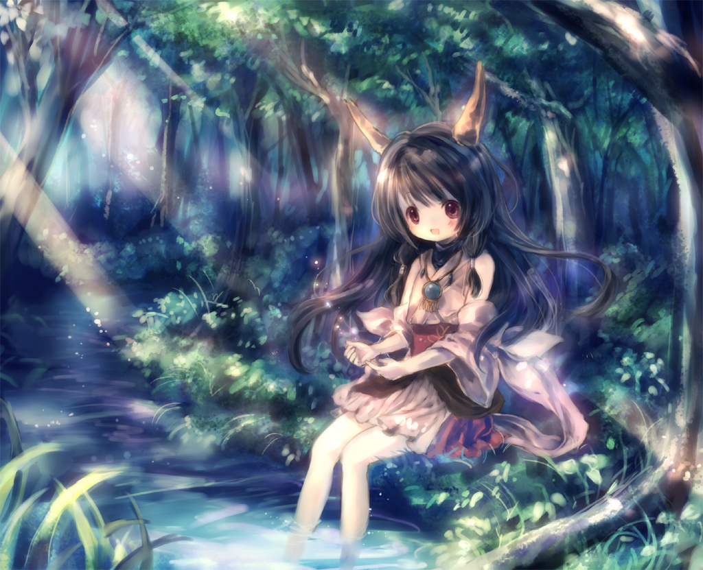 bad_id bad_pixiv_id brown_hair forest horns light_rays long_hair naga_(staygarden) nature no_nose onineko red_eyes ryuujin_naga sitting smile soaking_feet staygarden stream sunbeam sunlight tree water