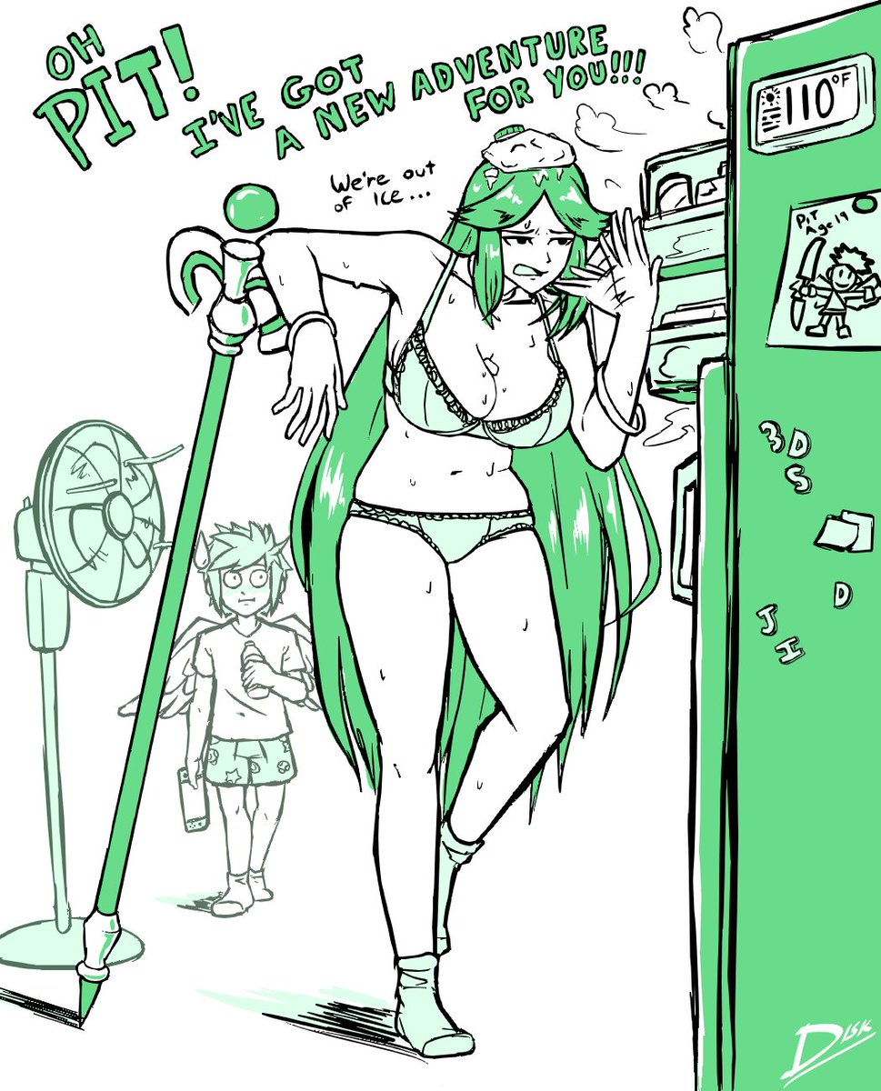1boy 1girl bra breasts diskette english_text refrigerator full_body green_theme highres ice ice_cube ice_pack indoors kid_icarus large_breasts lingerie looking_at_another monochrome nintendo palutena panties pit_(kid_icarus) sweat underwear wings