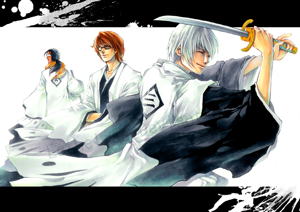 3boys aizen_sousuke black_hair bleach brown_eyes brown_hair ecthelian closed_eyes glasses haori ichimaru_gin japanese_clothes letterboxed long_hair male_focus multiple_boys sword taichou_haori tousen_kaname weapon